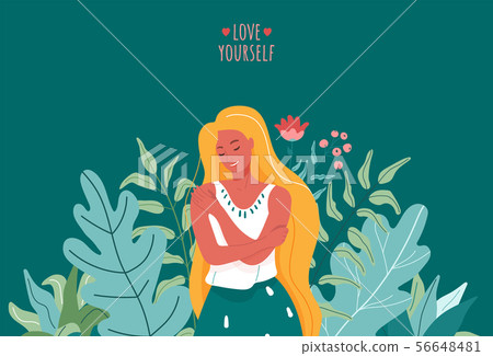 Love yourself vector illustration. Smiling woman hug herself. Body care design concept for print 56648481