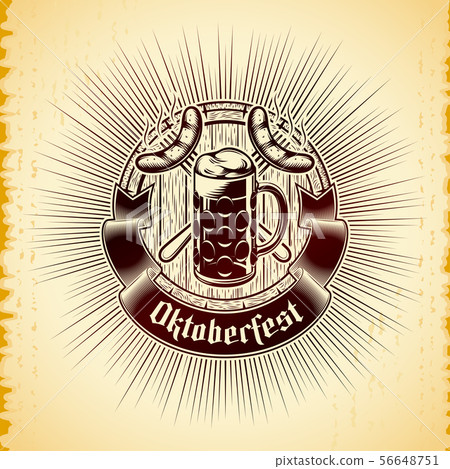 Beer glass, crossing forks with grilled bavarian sausages, wooden cask, radiant on vintage background. Title Oktoberfest on banner ribbon. Vector graphic illustration in engraved inked retro style. Beer glass, crossing forks with grilled bavarian sausages, wooden cask, radiant on vintage background. Title Oktoberfest on banner ribbon. Vector graphic illustration in engraved inked retro style. 56648751