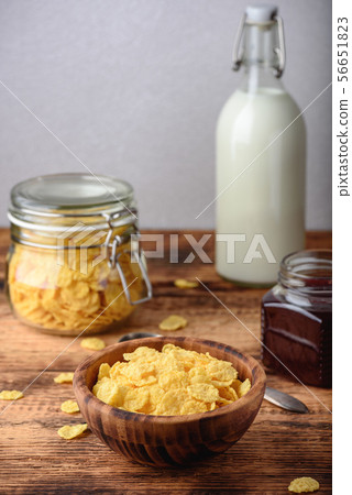 Breakfast with corn flakes, milk and jam Breakfast with corn flakes, milk and jam 56651823
