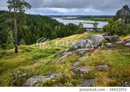 Beautiful view over forest and lake. Overcast day Beautiful view over forest and lake. Overcast day 56652052