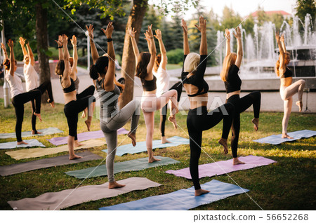 Group of women are exercising yoga pose in city park in background of fountain Group of women are exercising yoga pose in city park in background of fountain 56652268