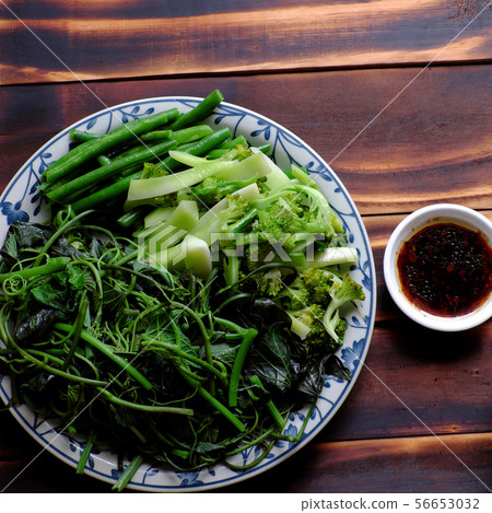 vegetarian meal, boiled vegetables soy sauce, rice vegetarian meal, boiled vegetables soy sauce, rice 56653032