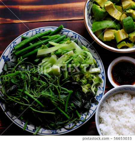vegetarian meal, boiled vegetables soy sauce, rice vegetarian meal, boiled vegetables soy sauce, rice 56653033