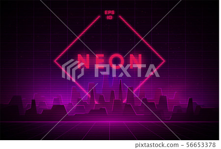 Retrowave night city with laser grid and big neon rhombus on background. Futuristic cityscape with Retrowave night city with laser grid and big neon rhombus on background. Futuristic cityscape with 56653378