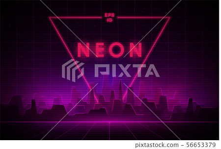 Retrowave night city with laser grid and big neon triangle on background. Futuristic cityscape with 56653379