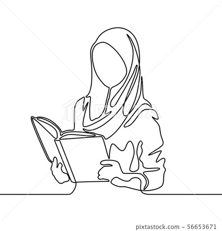 Continuous line muslim woman student reading a book. Vector illustration. 56653671