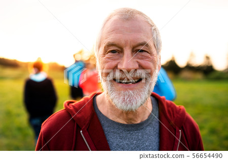 A portrait of senior man with large group of people doing exercise in nature. 56654490