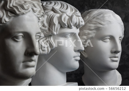 Gypsum copy of ancient statue Apollo, Antinous and Venus head on dark textured background. Plaster 56656212