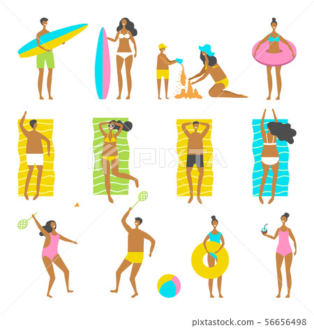 People on beach playing jogging surfing 56656498