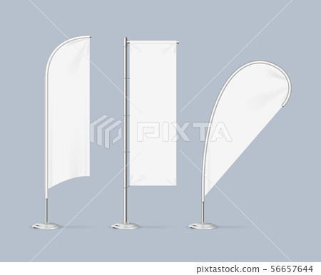 Realistic Detailed 3d White Blank Adv Beach Flag Stand Template Mockup Set. Vector Realistic Detailed 3d White Blank Adv Beach Flag Stand Template Mockup Set. Vector 56657644