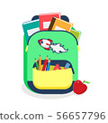 Colorful schoolbag with school supplies. Backpack with zippers isolated on white background. Vector 56657796