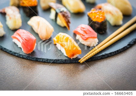 Nigiri sushi set with salmon tuna shrimp prawn eel shell and other sashimi Nigiri sushi set with salmon tuna shrimp prawn eel shell and other sashimi 56663405