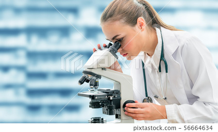 Scientist researcher uses microscope in laboratory Scientist researcher uses microscope in laboratory 56664634