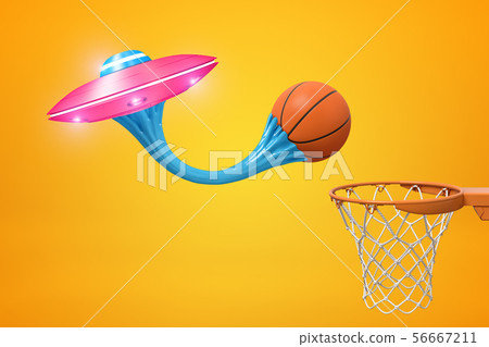 3d rendering of basketball ball stuck to pink metal UFO with blue sticky gum and basketball hoop on 56667211