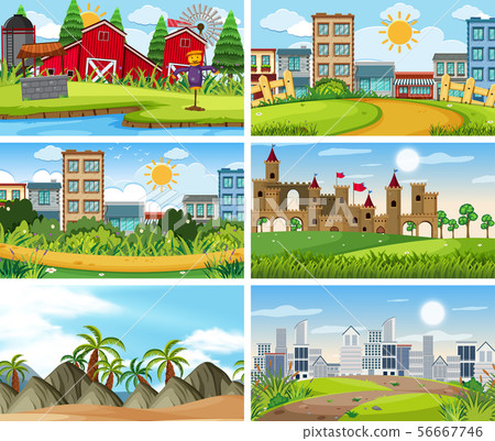 A set of outdoor scene including building - Stock Illustration ...