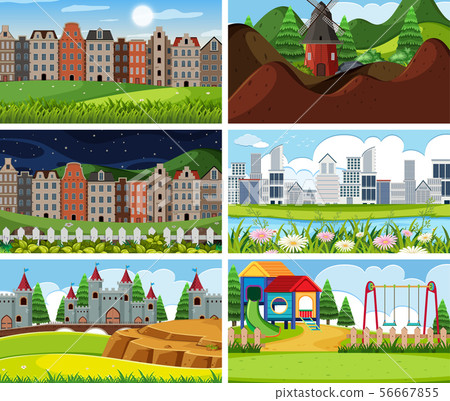 A set of outdoor scene including building - Stock Illustration ...