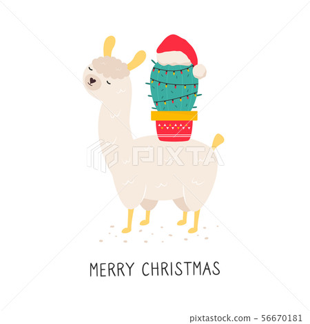 Christmas Card With Cute Llama And Cactus Stock Illustration 56670181 Pixta