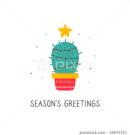 Christmas card with funny holiday decorated cactus 56670191
