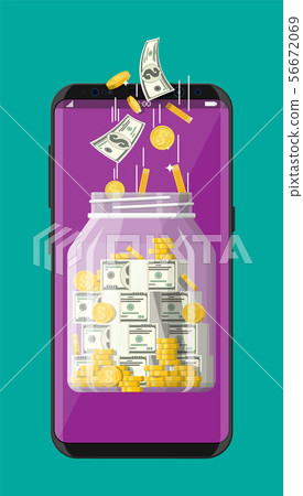 Glass jar full of money on smartphone 56672069