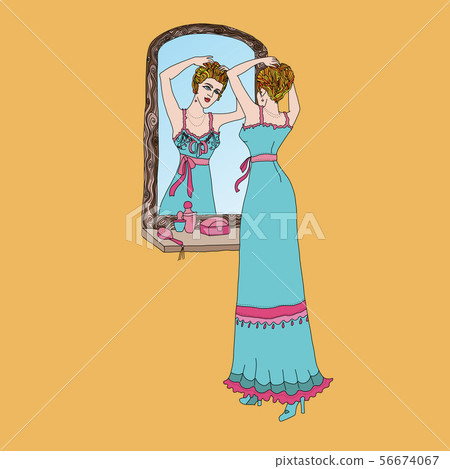 Beautiful retro style woman. Vector illustration. Vintage girl looks in the mirror. Beautiful retro style woman. Vector illustration. Vintage girl looks in the mirror. 56674067