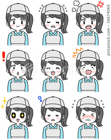 各種面部表情集（女工，圍裙圖，黑髮馬尾辮） 56674069