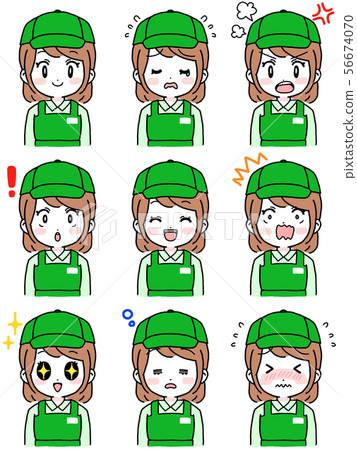 各種面部表情套裝（女工，綠色圍裙，棕色頭髮鮑勃） 56674070