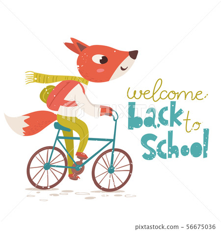 Back to school vector poster with cute fox character riding a bike and lettering Back to school vector poster with cute fox character riding a bike and lettering 56675036