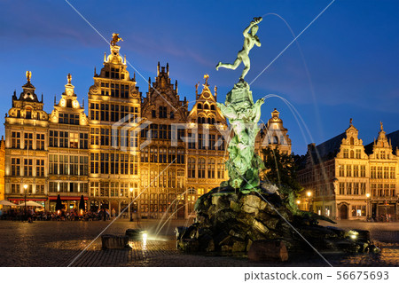 Antwerp Grote Markt with famous Brabo statue and fountain at night, Belgium Antwerp Grote Markt with famous Brabo statue and fountain at night, Belgium 56675693
