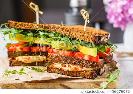 Vegan sandwich with tofu, hummus, avocado Vegan sandwich with tofu, hummus, avocado 56676073