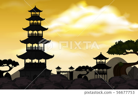 Silhouette temples with garden on yellow sky 56677753