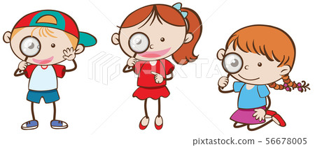 Boy and girls with magnifying glass 56678005