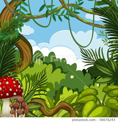 Background scene with green trees in forest - Stock Illustration ...