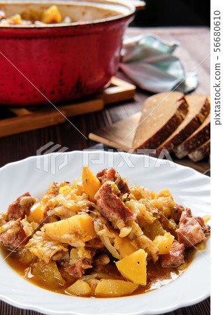 Meat stew with potato and cabbage, top view Meat stew with potato and cabbage, top view 56680610