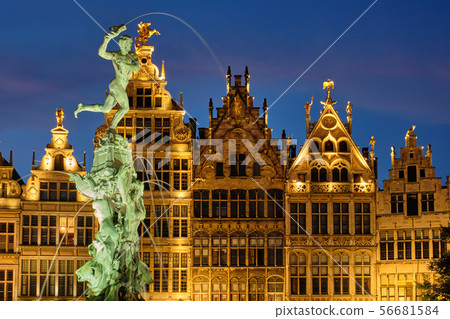 Antwerp Grote Markt with famous Brabo statue and fountain at night, Belgium Antwerp Grote Markt with famous Brabo statue and fountain at night, Belgium 56681584