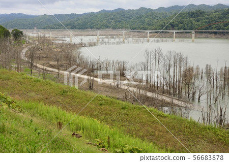 Yubari Shuparo Dam, an old road that appeared from the bottom of the dam lake Yubari Shuparo Dam, an old road that appeared from the bottom of the dam lake 56683878