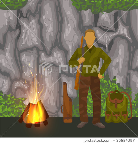 Hunter in camouflage with gun and backpack before fireplace in cave cartoon vector illustration Hunter in camouflage with gun and backpack before fireplace in cave cartoon vector illustration 56684397