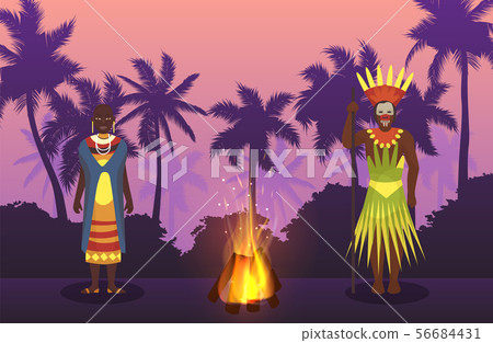 African man and woman in traditional tribal ethnic cloths in night Africa before fire vector 56684431