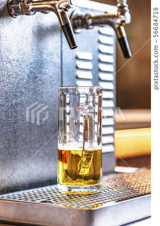 Beer tap with light beer in mug at counter in pub Beer tap with light beer in mug at counter in pub 56684719