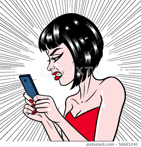 Comic style girl angry at her phone message, Comic style girl angry at her phone message, 56685240