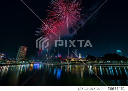 Singapore night view and fireworks 56685461