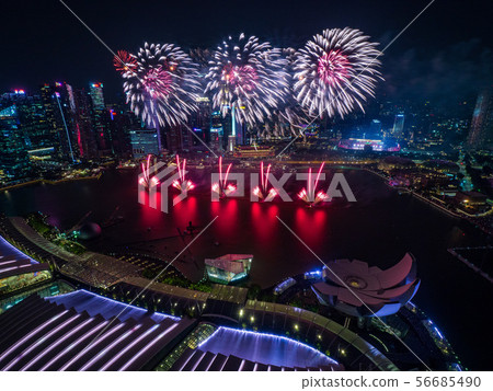 Singapore night view and fireworks 56685490