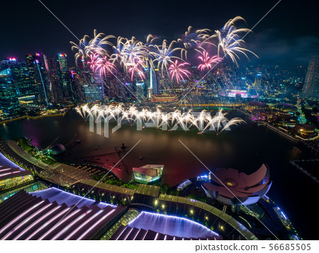 Singapore night view and fireworks Singapore night view and fireworks 56685505