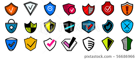 Hand drawn multicolored security shields icons, sketch of safety, defense confirmation marks Hand drawn multicolored security shields icons, sketch of safety, defense confirmation marks 56686966