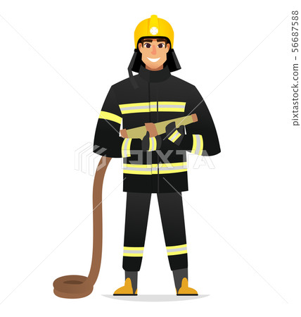 Smiling Firefighter, man from fire brigade, standing full face in form of fireman, with personal 56687588
