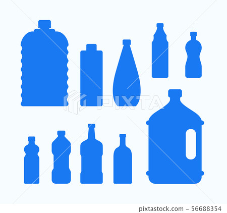Plastic water bottle icon. Blue liquid container drink, bottle silhouette set. Water cartoon bottles 56688354
