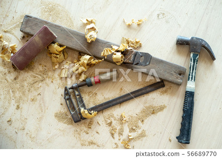 Top view tools of carpenter with sawdust 56689770