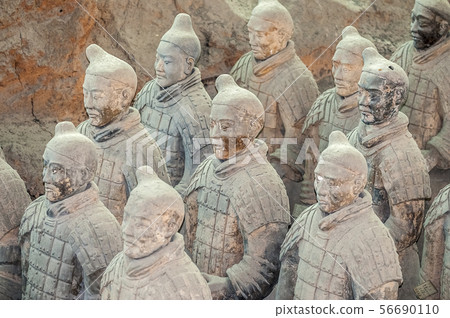 China, Xi'an. Clay figures of warriors, horses and China, Xi'an. Clay figures of warriors, horses and 56690110