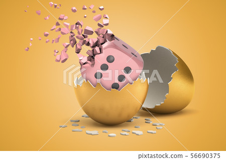 3d rendering of pink die cube hatching out from golden egg and disintegrating into small pieces on 56690375