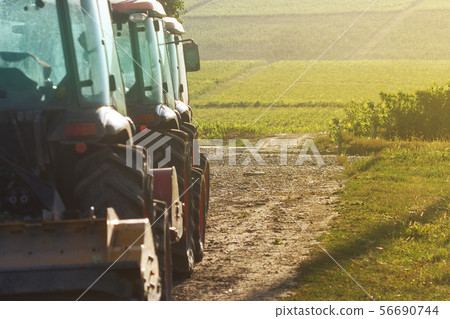 row of agriculture tractors in front of vineyard 56690744