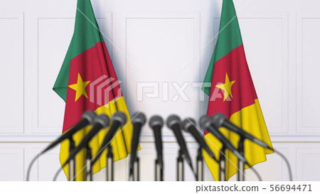 Cameroonian official press conference. Flags of Cameroon and microphones. Conceptual 3D rendering 56694471